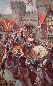 Edward V cavalga em Londres com Duke Richard, 1483, ilustração da "História da Nação Britânica" de Hutchinson, c.1923 de Charles John de Lacy